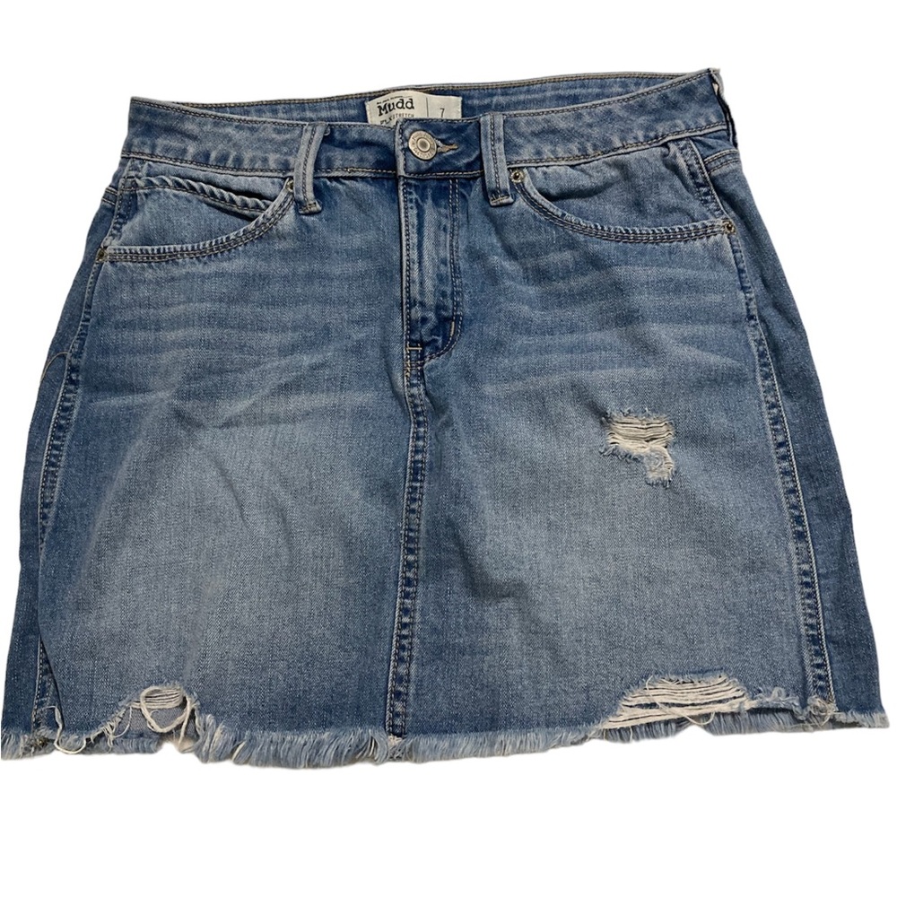 Blue denim distressed mini skirt